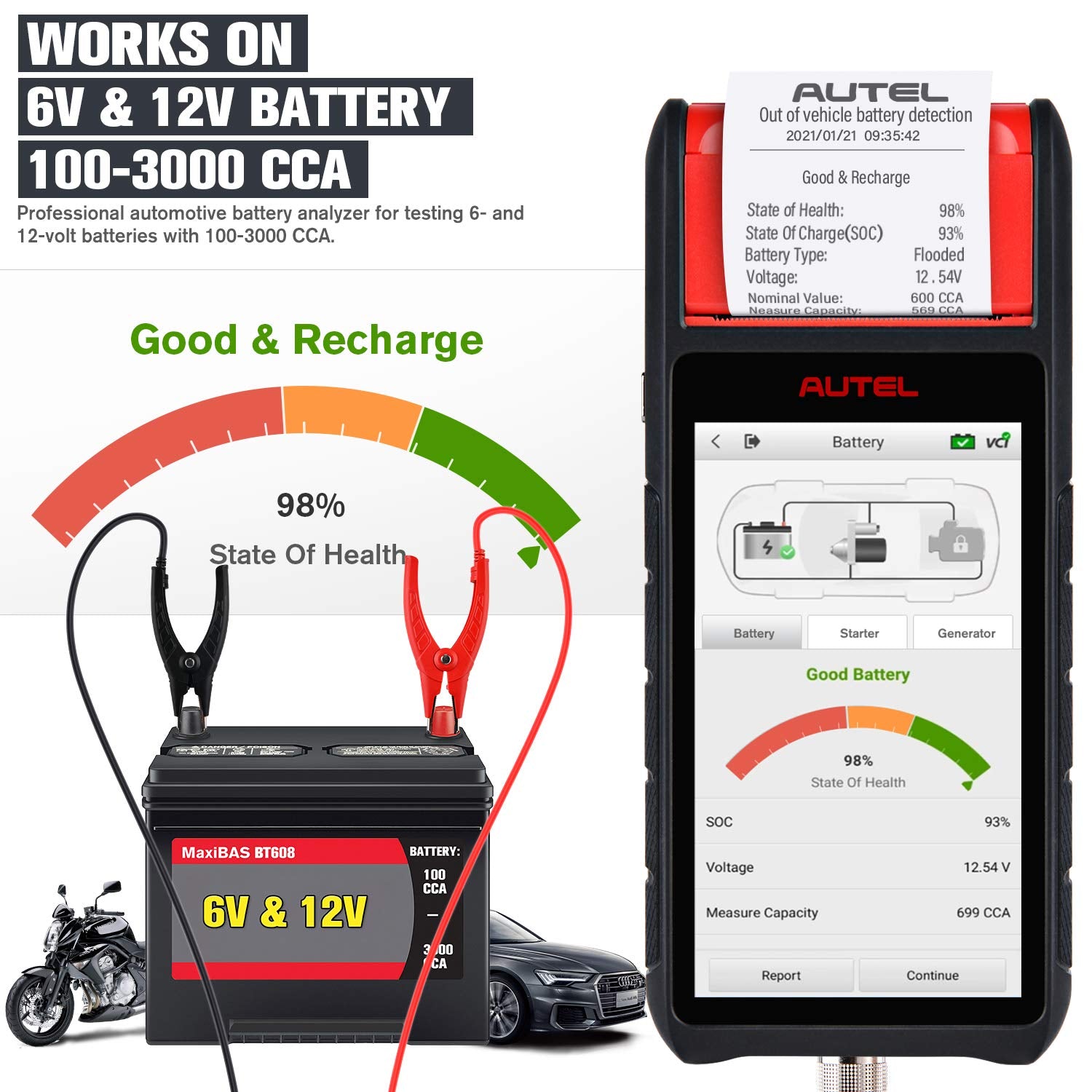 Autel MaxiBAS BT608 funciona com bateria de 6V e 12V 100-300cca