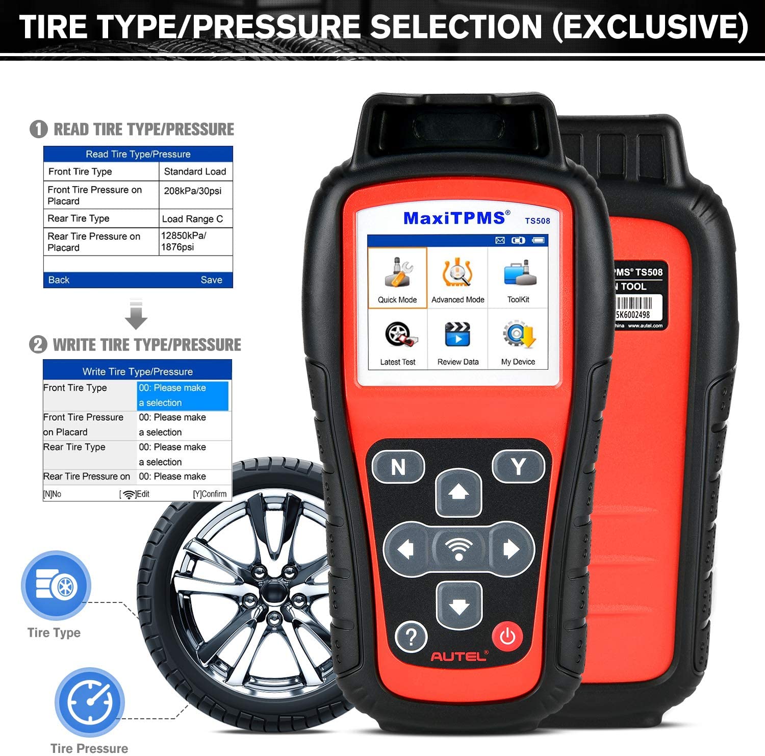 Autel MaxiTPMS TS508WF Tire Type/Pressure Sellction