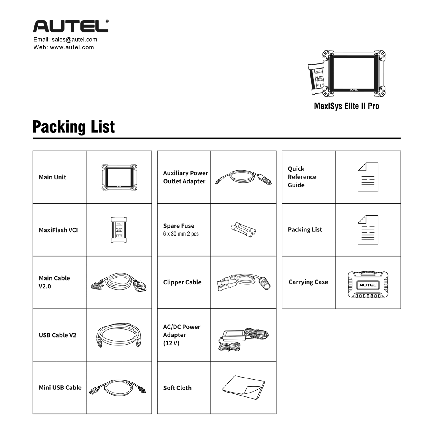 autel elite ii pro package list