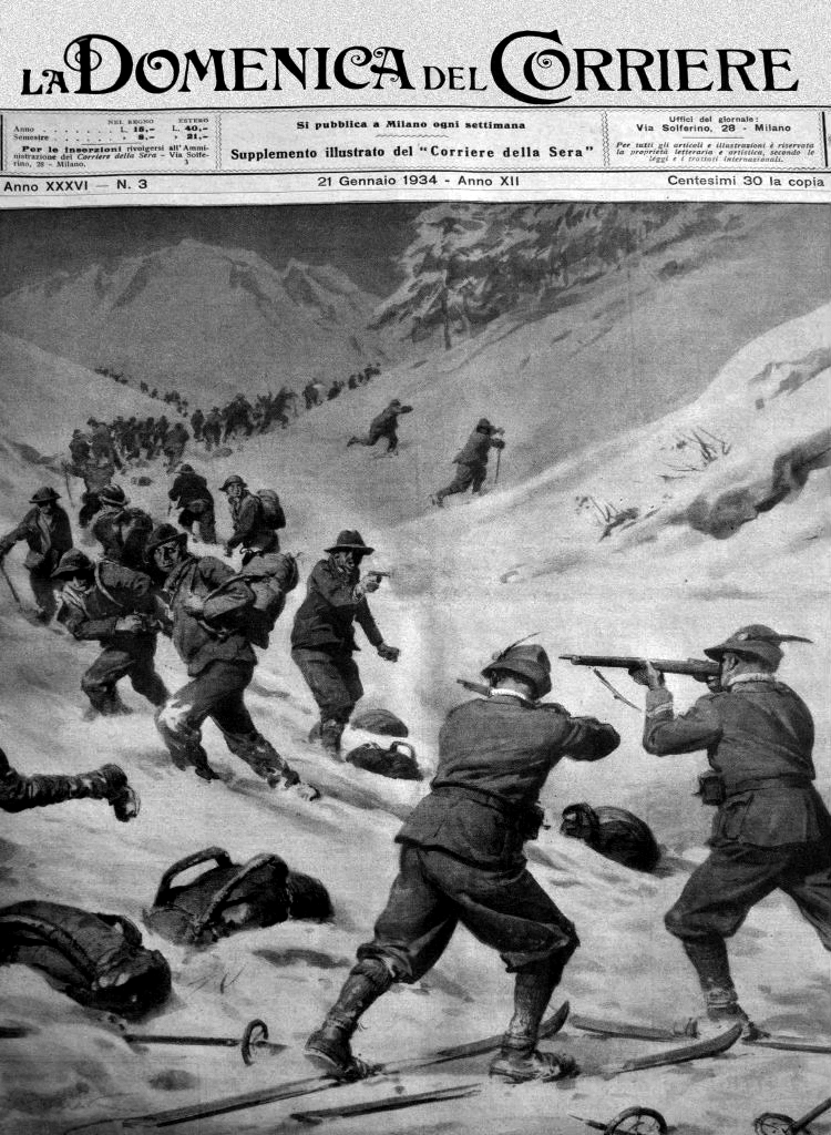 Cover image of the Corriere newspaper showing a gunfight between smugglers and Guardia di finanza