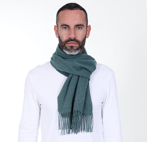 wearing green coloured cashmere scarf from Soho Scarves