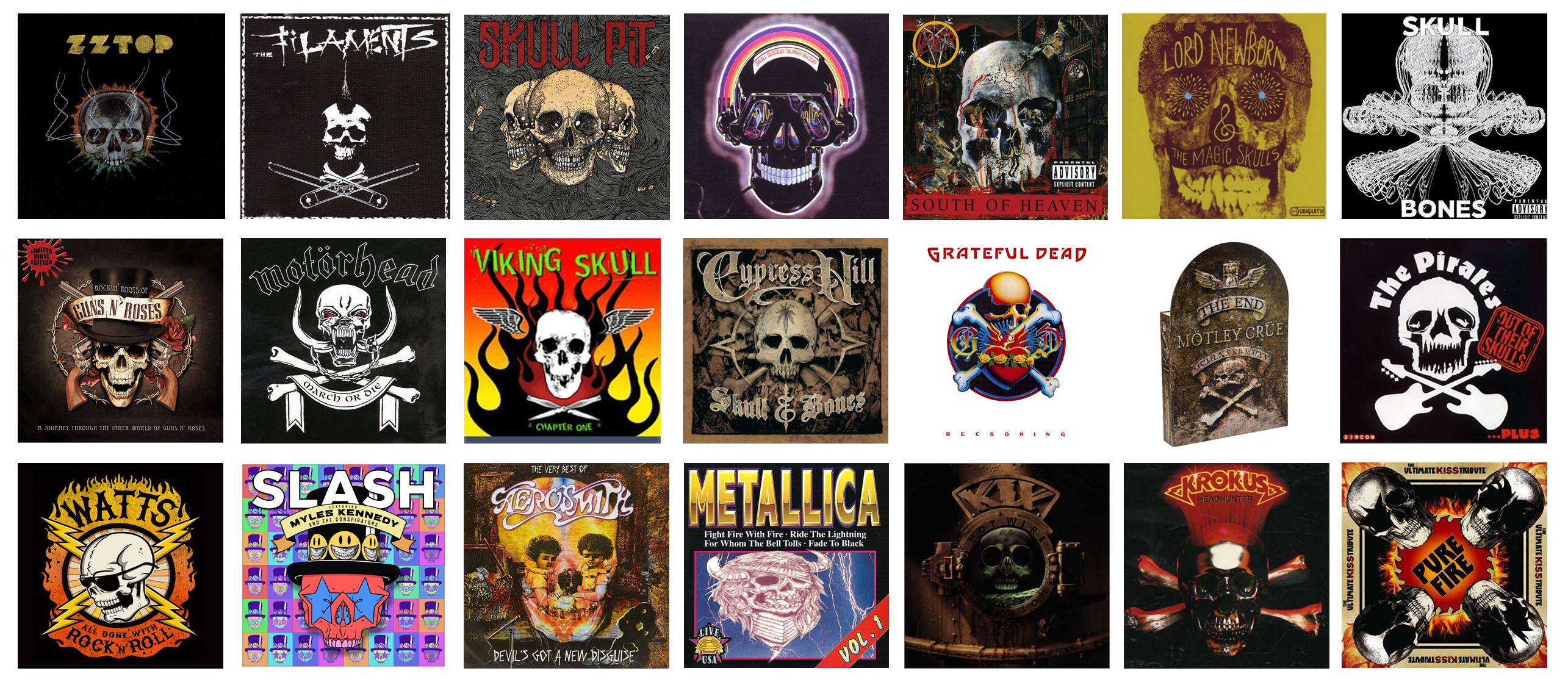 tamed winds t-shirt shop and blog, mosaic picture of music album covers featuring skull and bones