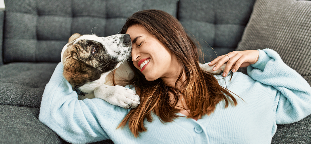 brown haired woman leaning on a sofa cuddling a dog