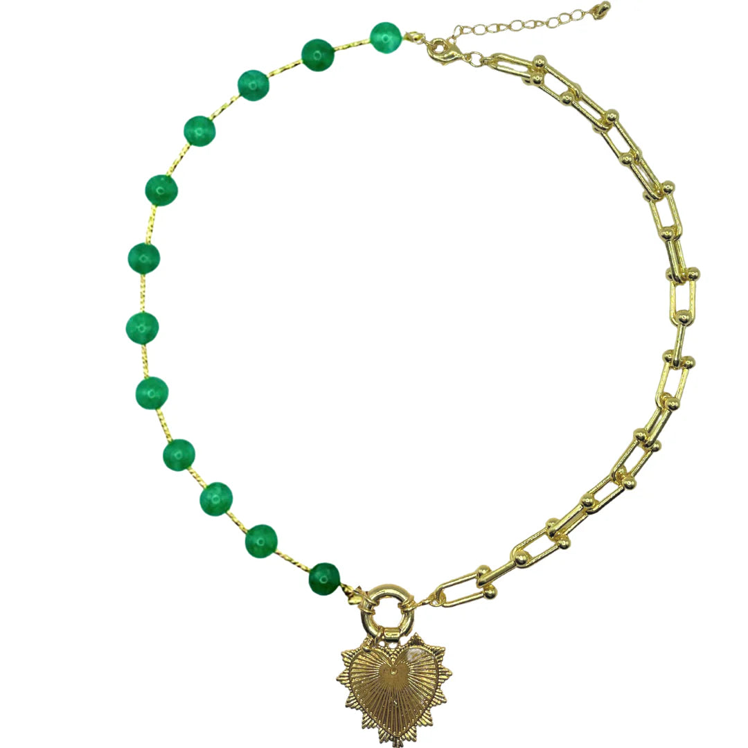 Intricate Heart Charm Necklace - Emerald