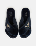 Joules-Honey Faux Fur Slippers With Embroidery Navy Bee | Eve & Ranshaw