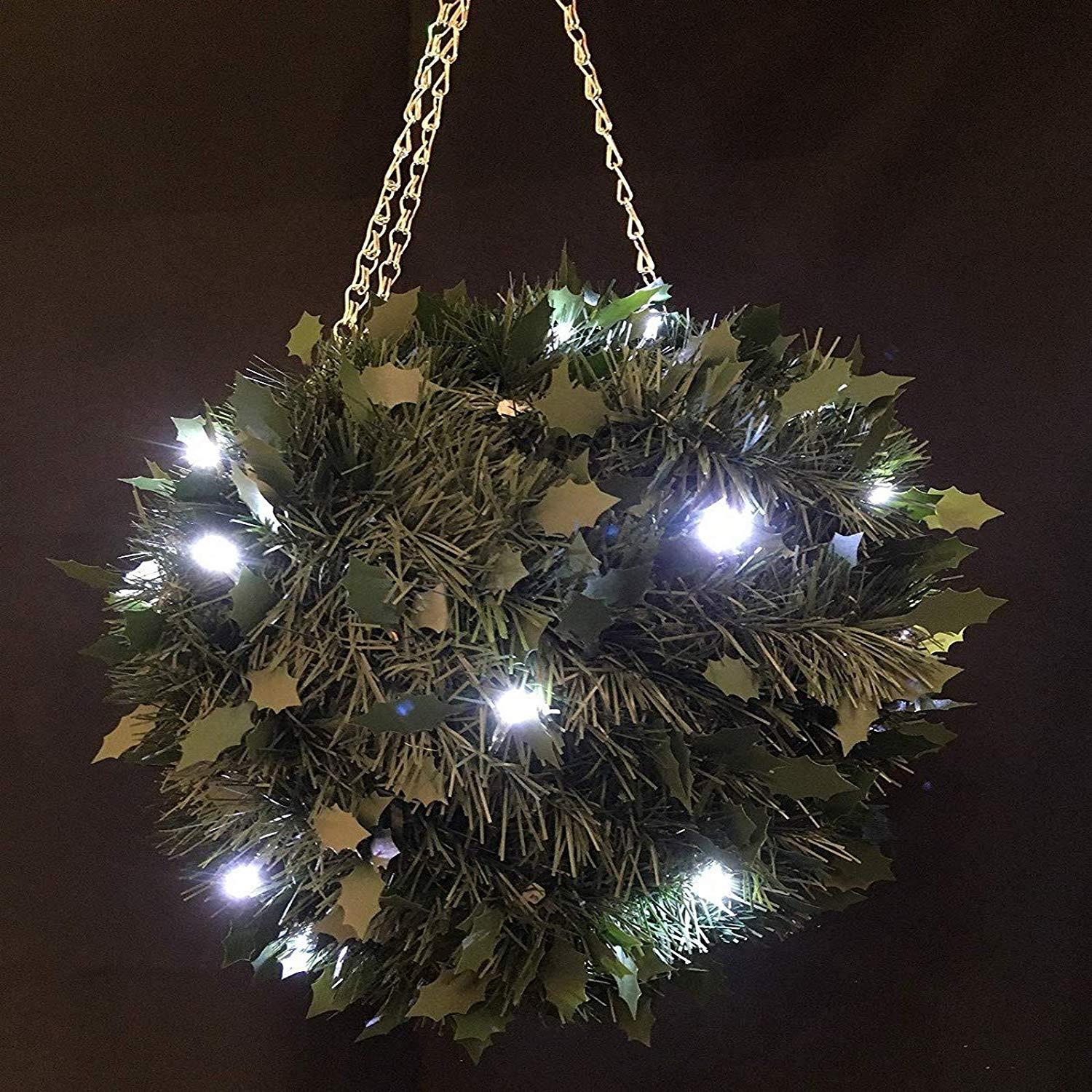 27cm Light Up Green Holly Artificial Topiary Ball Hanging Christmas De ...