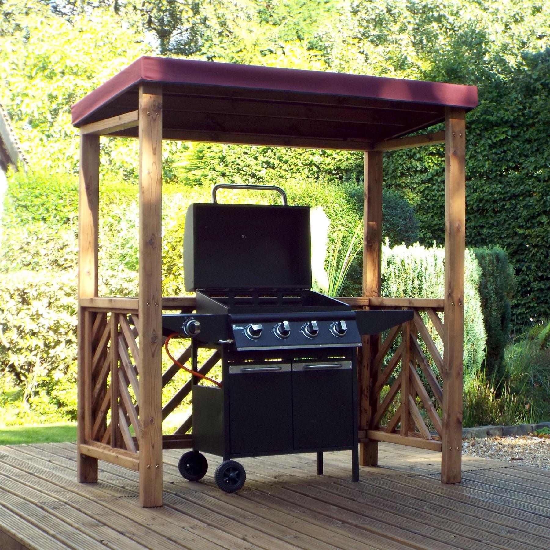 UK-Gardens Wooden Outdoor Barbeque Shelter with Burgundy Roof Cover ...
