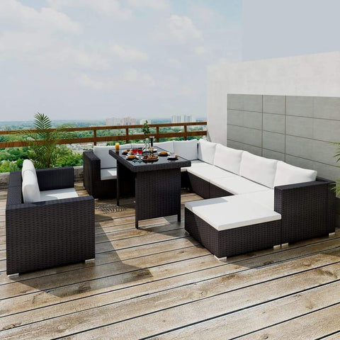 10 Piece Outdoor Lounge Set with Cushions - Poly Rattan - Black