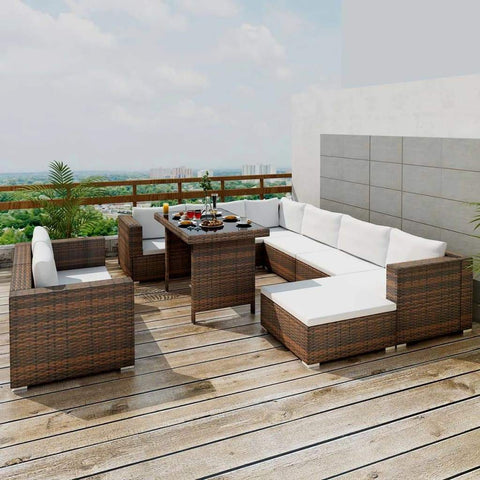 10 Piece Outdoor Lounge Set with Cushions - Poly Rattan - Brown