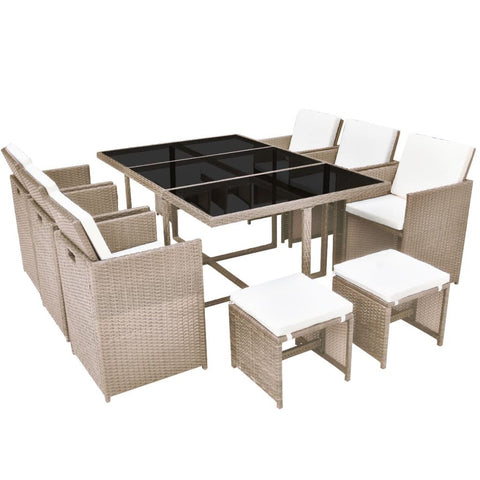 11 Piece Outdoor Dining Set with Cushions - Poly Rattan - Beige