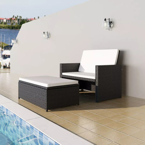2 Piece Outdoor Lounge Set with Cushions - Poly Rattan - Black