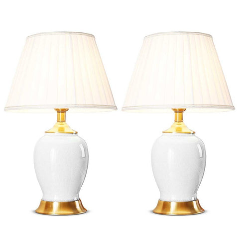 2X Ceramic Oval Table Lamp with Gold Metal Base - White