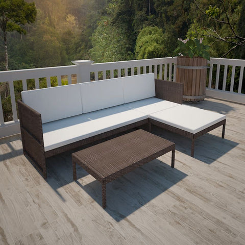 3 Piece Outdoor Lounge Set with Cushions - Poly Rattan - Brown