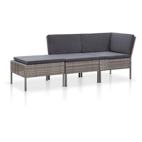 3 Piece Outdoor Lounge Set with Cushions - Poly Rattan - Grey