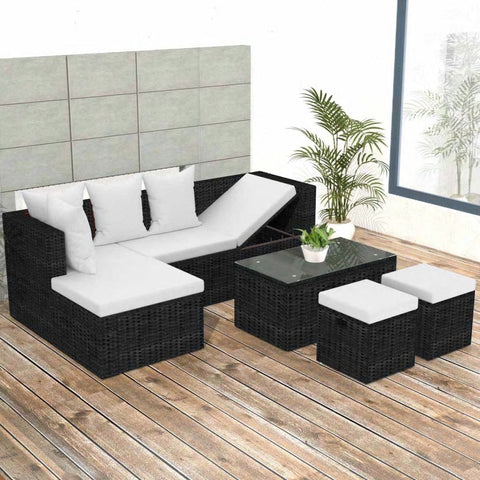 4 Piece Outdoor Lounge Set with Cushions - Poly Rattan - Black