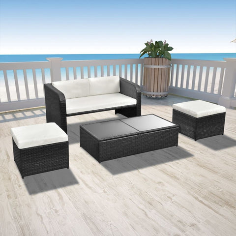 4 Piece Outdoor Lounge Set with Cushions - Poly Rattan - Black