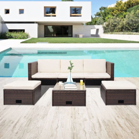 4 Piece Outdoor Lounge Set with Cushions - Poly Rattan - Brown