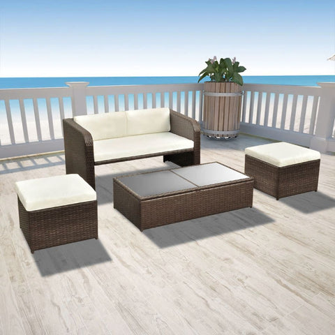 4 Piece Outdoor Lounge Set with Cushions - Poly Rattan - Brown
