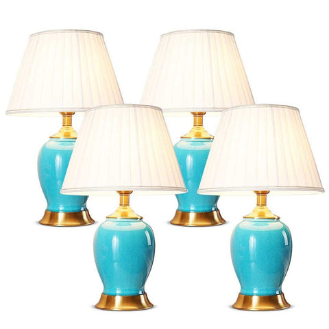 4X Ceramic Oval Table Lamp with Gold Metal Base - Blue