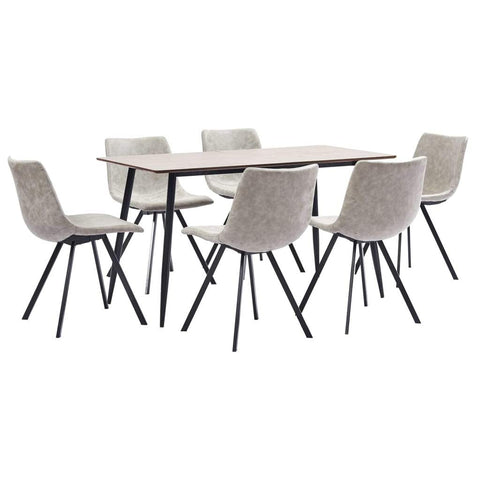 7 Piece Dining Set - Faux Leather - Light Grey