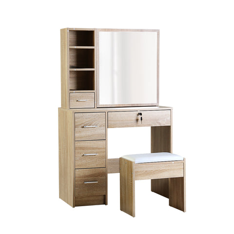 Dressing Table and Stool with Drawers and Sliding Mirror - Oak