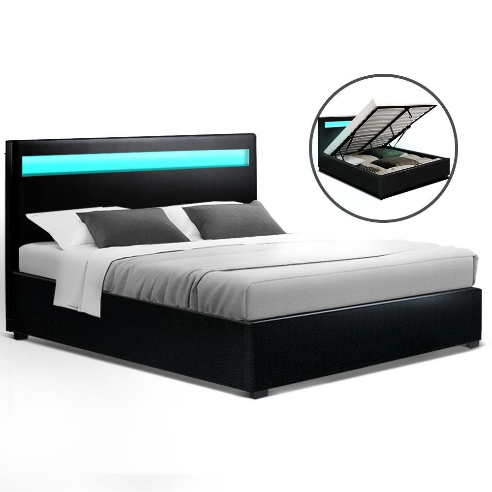 Double Size Gas Lift LED Bed Frame w/ Storage-Black | Factory to Home