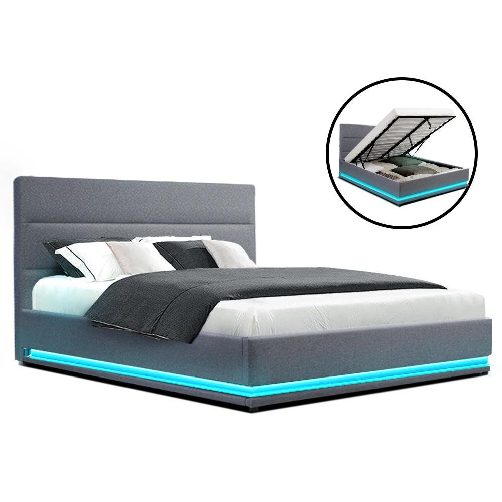 Queen Size RGB LED Gas Lift Bed Frame With Storage - Grey Fabric