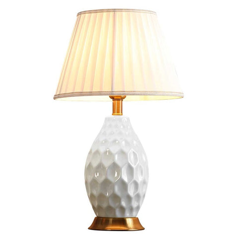 Textured Ceramic Oval Table Lamp with Gold Metal Base - White