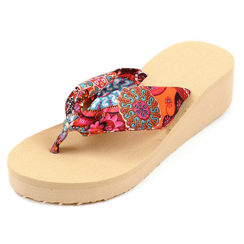 HEBA Summer Bohemia Flower Women Flip Flops Platform Wedges Women Sandals platform Flip Slippers Beach Shoes