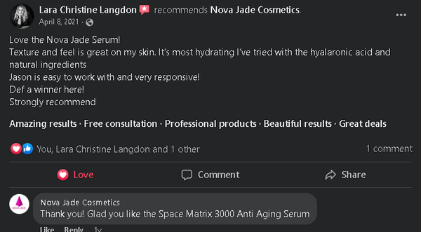 Cosmos Revitalizing Skin Serum Facebook 5 Star Reviews