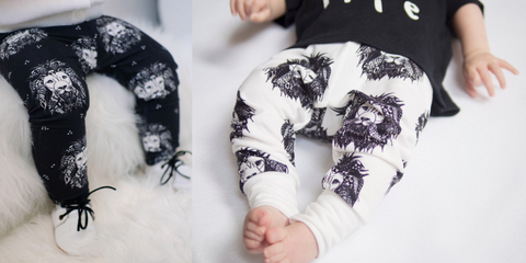 Lion Print baby leggings. Monochrome leggings handmade in the UK by Lottie & Lysh. Inspired by mandala art