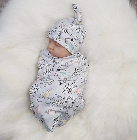 Paper planes baby boy swaddle blanket and hat set