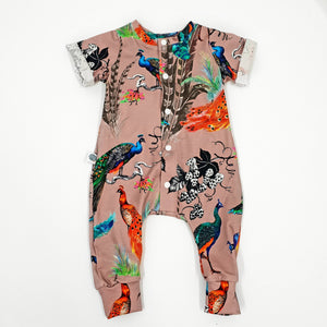 Peacocks printed baby onsie with front opening poppers