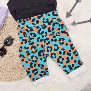 product image of bayridgecaskandkeg tango cheetah, blue and orange leopard print cropped trousers for children