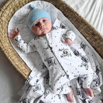 welcome to the world printed babygro with baby blue hat