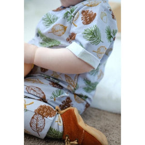 Organic baby romper in festive leaves by bayridgecaskandkeg