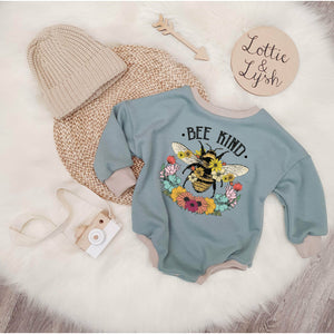cute printed sweat romper by bayridgecaskandkeg. Ethically produced children's clothing. 'Bee Kind' printed slogan
