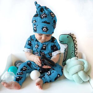 Blue monester print baby and toddler romper ethically made by bayridgecaskandkeg