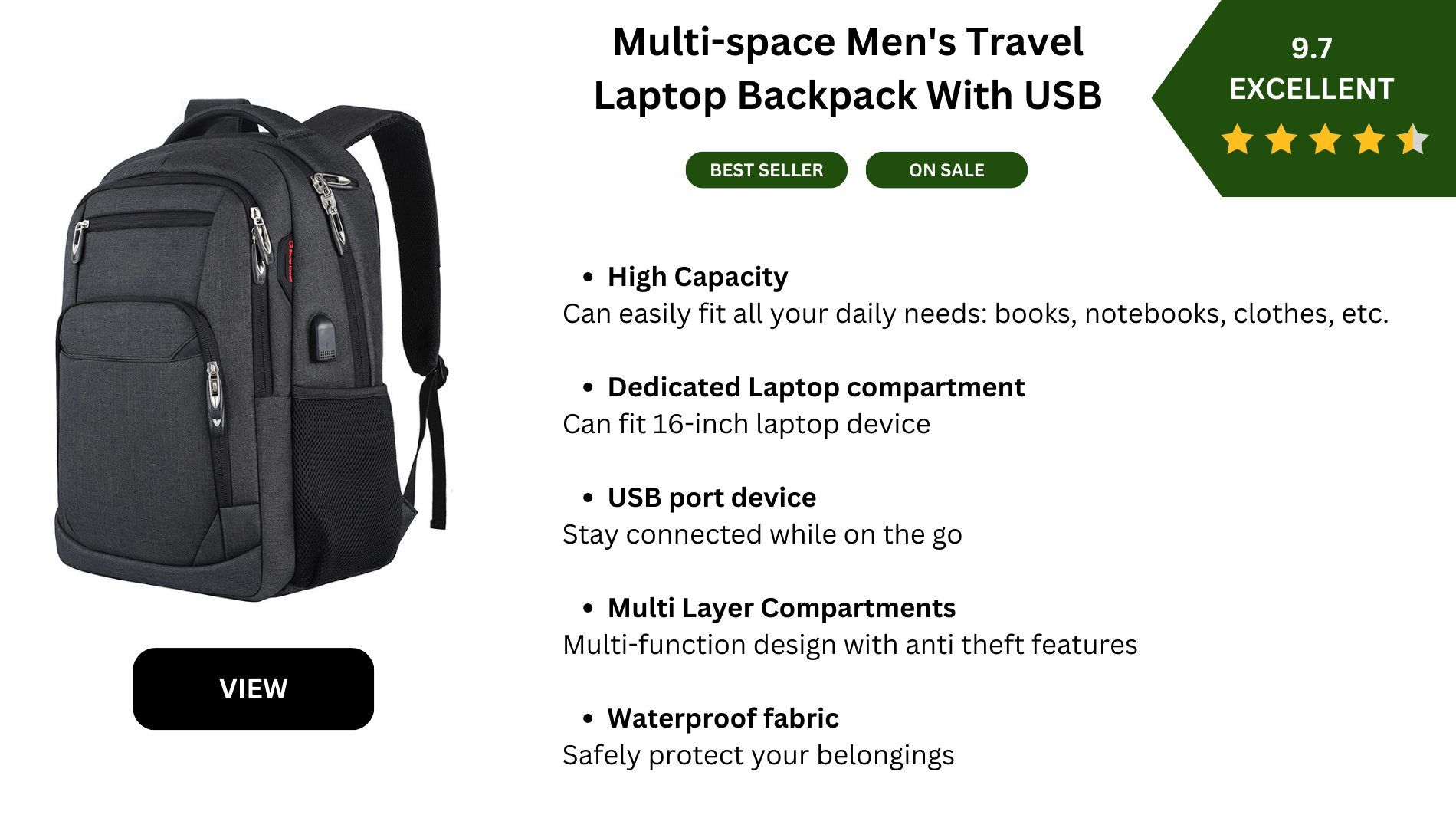 Mochila para portátil de viaje multiespacio para hombre con USB