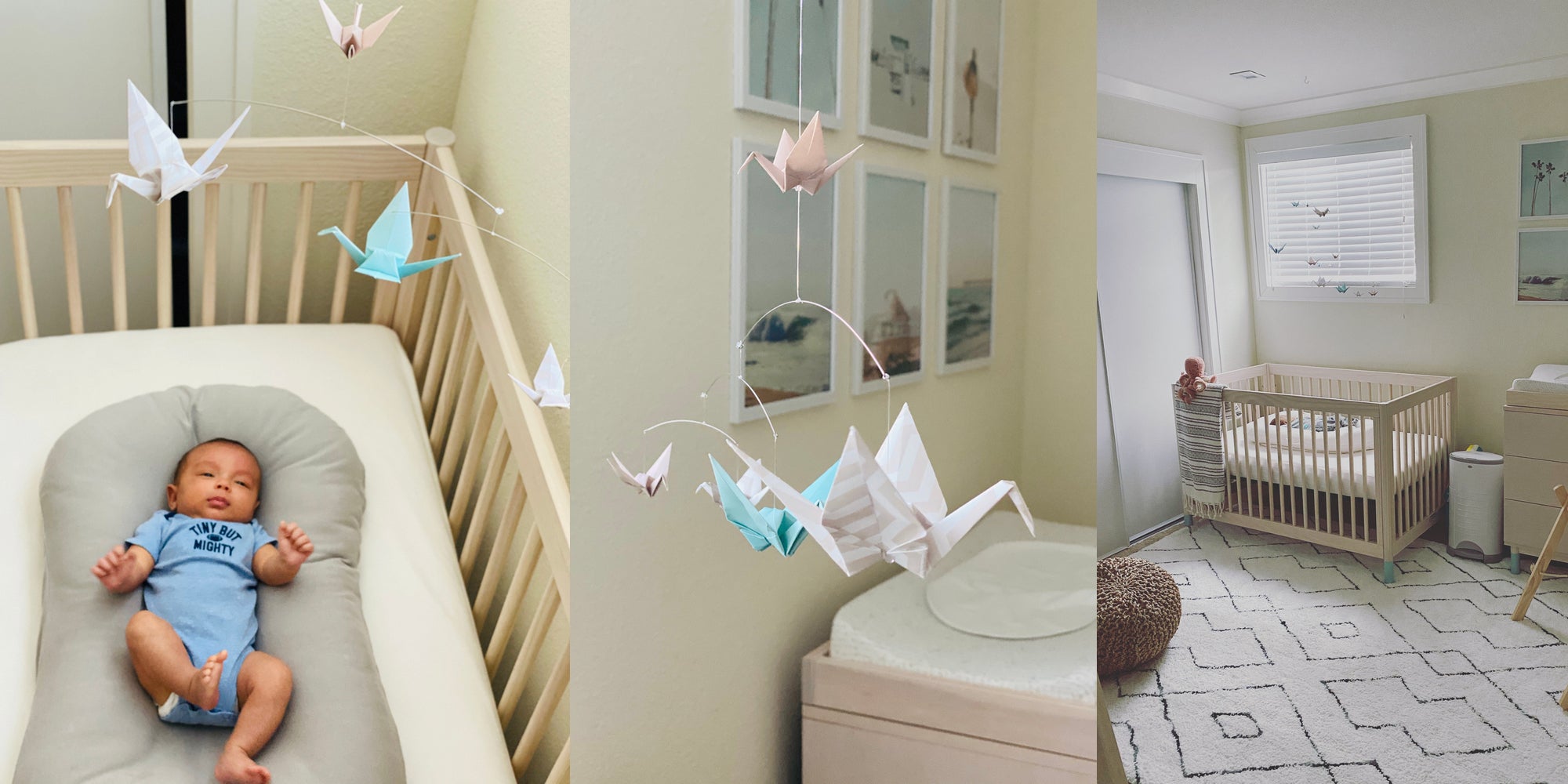 Beachy themed baby nursery with a soothing origami paper crane mobile hanging above the crib.