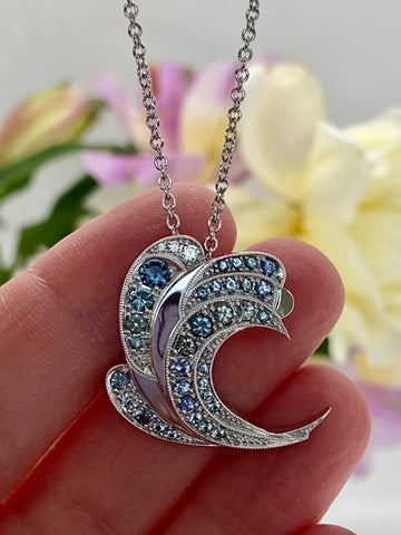 Diamond, Sapphire, and Aquamarine Wave Pendant Necklace