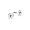 Pair of 14k white gold stud earrings each featuring one 1/4” flat disc engraved with the letter P