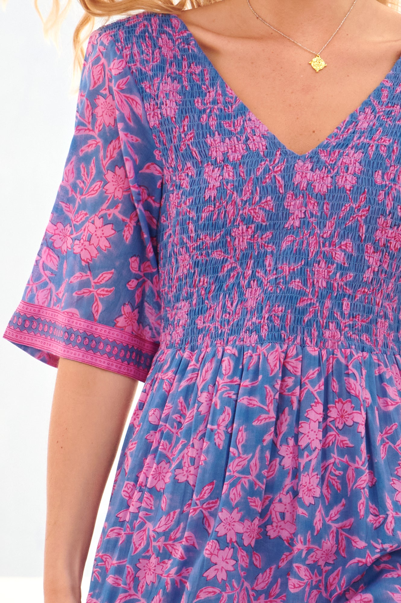 Alisha Block Print Dress | Japanese Flower Blue/Pink