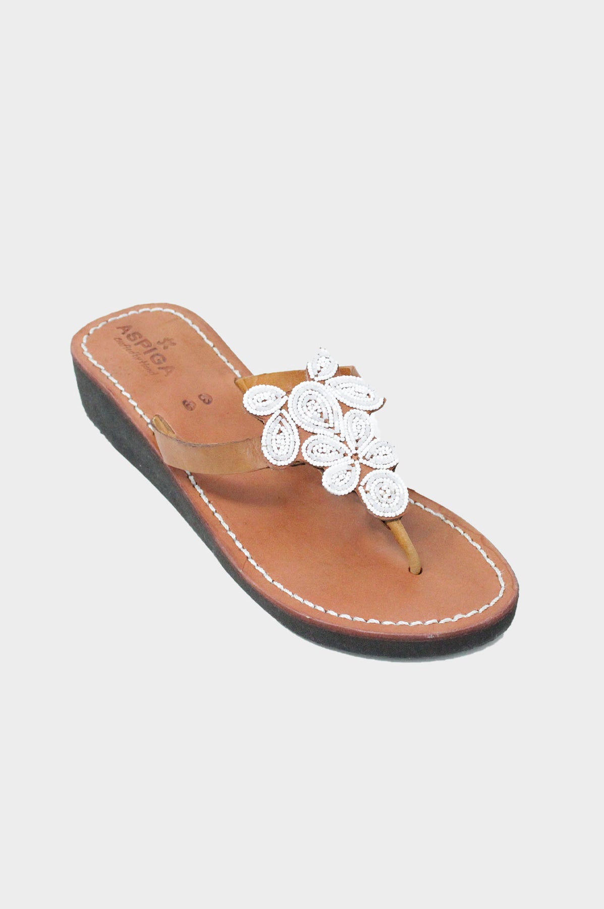 Aspiga Sustainable Leather and Glass Beaded Handmade Sandals | White