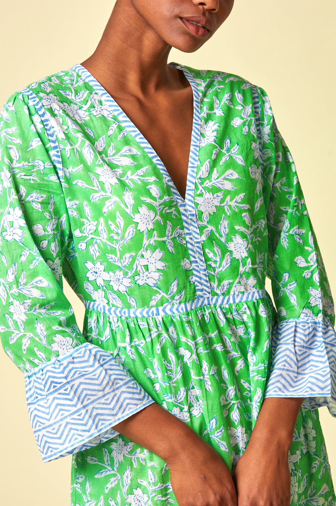 Hayden Block Print Dress | Japanese Flower Apple Green