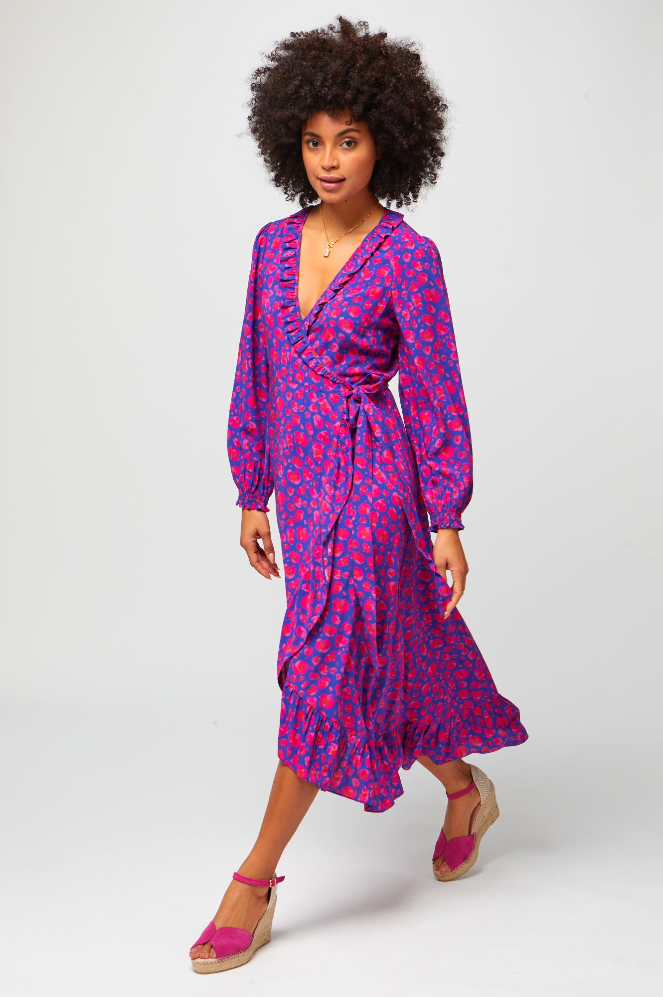 Demi Long Sleeve Wrap Dress | Cheetah Blue/Pink