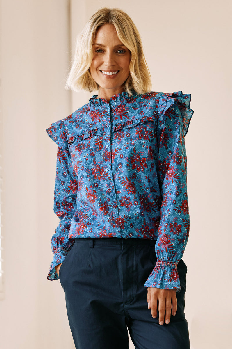 Aspiga Sustainable Ladies Eloise Blouse | Floral Blue with Frill Sleeve
