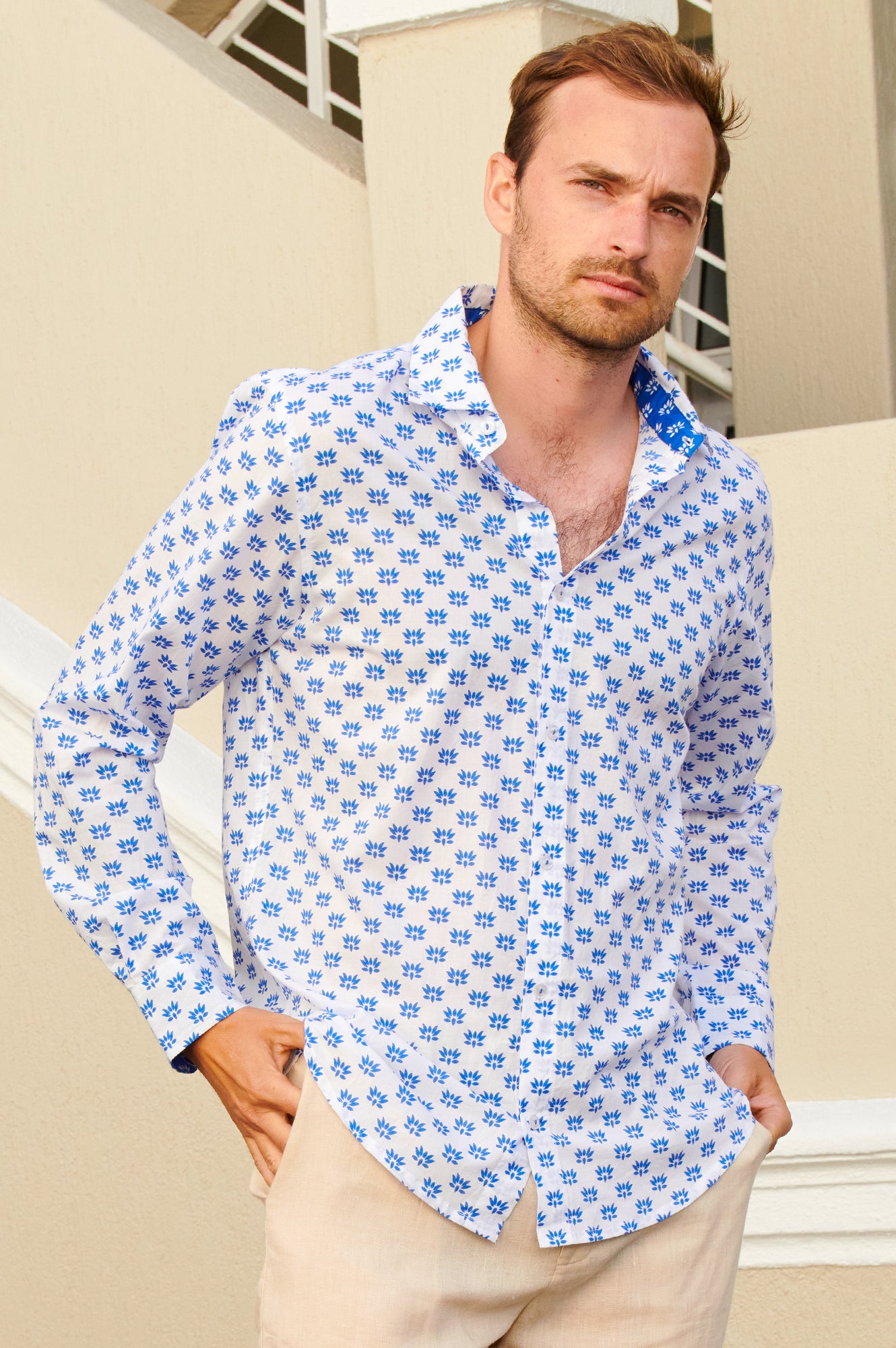 Men's Printed Cotton Shirt | Lotus Bud White/Blue