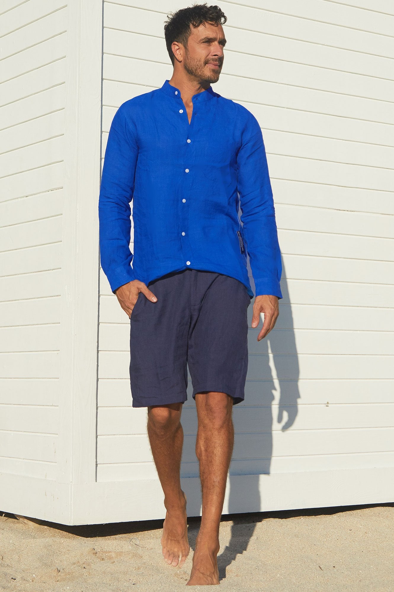 Men's Nehru Collar Linen Shirt | Cobalt Blue