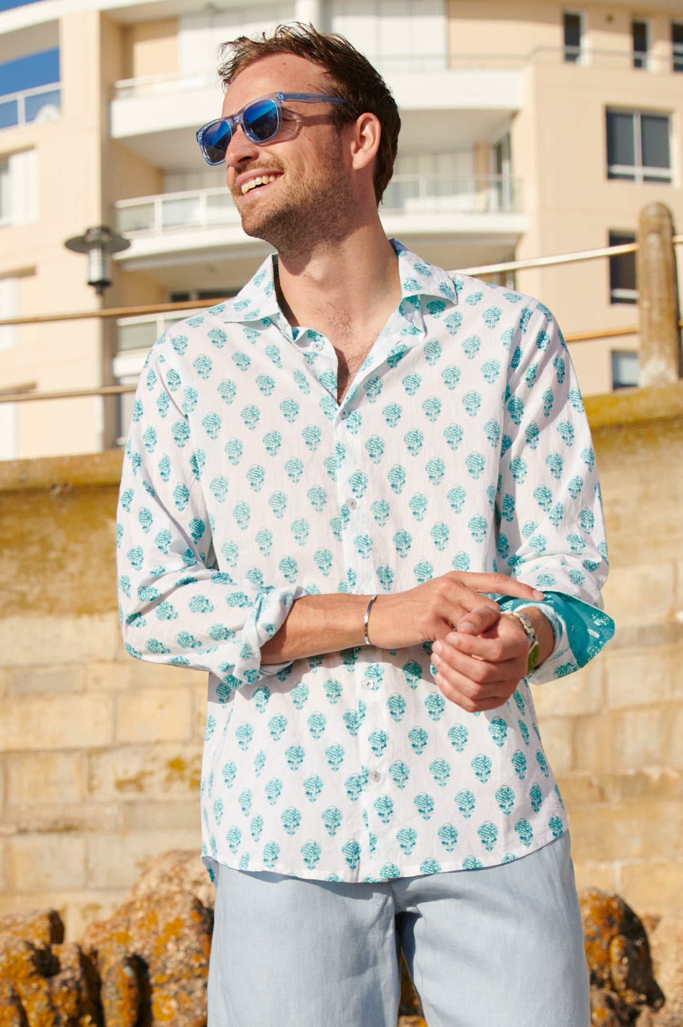 Men's Printed Cotton Shirt | Pineapple White/Sea Green